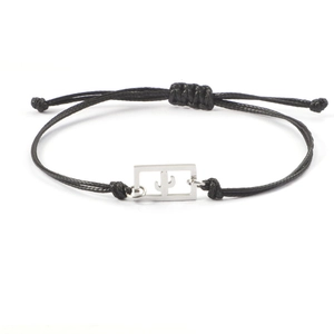 Adjustable black cord bracelet with a silver rectangular hollow cactus pendant charm