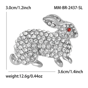 Sparkling silver rabbit brooch with clear rhinestones and size dimensions in centimeters