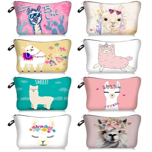 Llama Print Cosmetic Bag Portable Waterproof Polyester Makeup Toiletry Pouch Travel Organizer With Zipper And Wrist Strap For Women