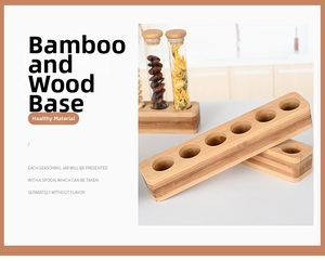 Close-up of a premium bamboo storage rack base with six circular slots for glass jars