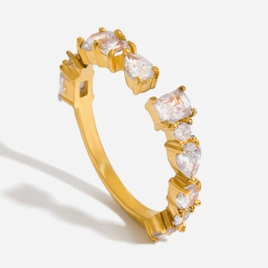 18K Gold Plated Stainless Steel Adjustable Open Ring For Women With Irregular White Zircon Waterproof Hypoallergenic