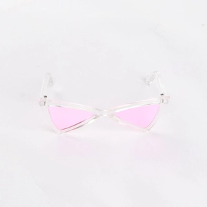 Close-up of pink triangular cat-eye lenses with transparent frames for small pets