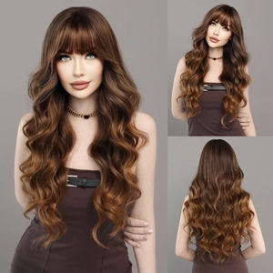 Perruque Longue Bouclée Ondulée Ombré Marron avec Frange pour Femmes Fibre Synthétique Haute Température Résistante à la Chaleur