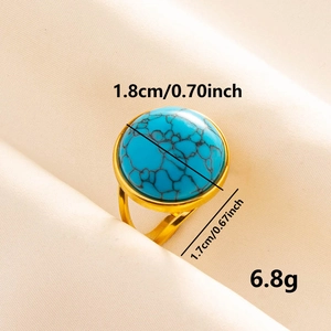 Adjustable golden stainless steel ring with a turquoise stone and sizing specifications