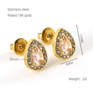 Detailed view of 18K gold plated stainless steel stud earrings with pink pear zircon