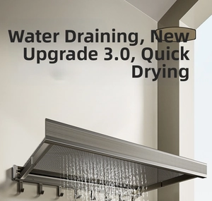 Macro view of mesh drain shelf and built-in metal hooks for quick drying and storage