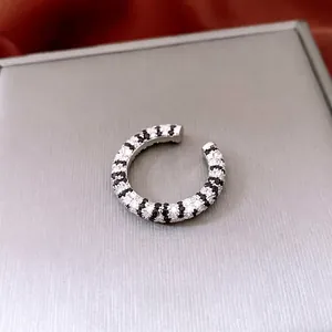 French vintage silver ring with striped zircon inlay and minimalist open band design