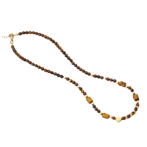 Handmade tiger eye necklace with brown stone beads and a gold heart pendant on white background