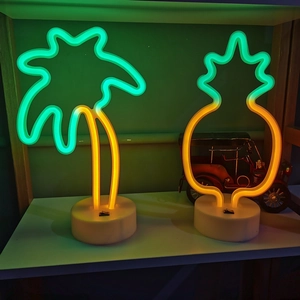Dual-color LED coconut tree and pineapple neon lights with white base for desk decor