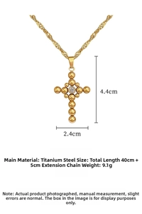 Titanium steel gold cross necklace detail with dimensions 4.4x2.4cm and weight 9.1g