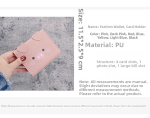 Internal structure of the pink pig wallet showing card slots and size 11.5x2.5x9cm