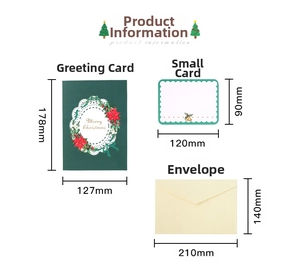 Detailed dimensions of 3D Christmas flower basket card, small note, and mailing envelope