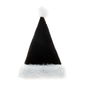 Thick black plush Christmas hat with white faux fur trim and fluffy pompom for parties