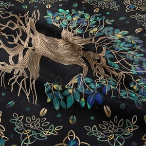 Close-up of bohemian tree of life tapestry showing intricate Celtic knot fabric details