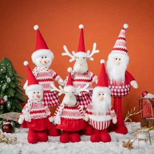 Set of 6 Christmas plush dolls including Santa, Reindeer and Snowman on snow background