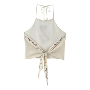 Haut dos nu sexy pour femme beige avec broderie florale et détails de perles