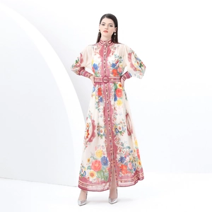 Vintage floral maxi dress with stand collar, lantern sleeves, and matching print belt