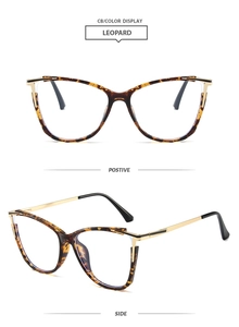 Detail view of leopard cat-eye glasses frame with golden metal arms and TR90 material