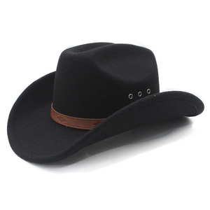 Cappello da cowboy nero in feltro con cinturino in pelle goffrata e fori di ventilazione