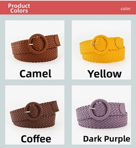 Detail view of woven PU leather belts in camel, yellow, coffee, and deep purple colors