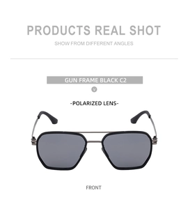 Close-up of gunmetal frame polarized sunglasses with double-bridge metal design