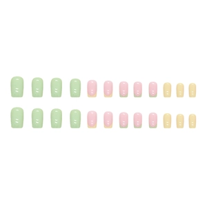 24-piece press-on nail set with yellow, mint green, and pink color blocking in square shape