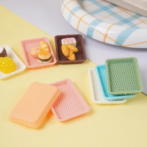 Miniature 5cm dollhouse plastic faux rattan trays with assorted food models and textures