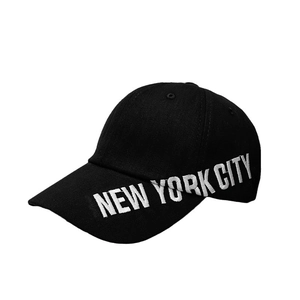 Black cotton baseball cap with white New York City side embroidery on a white background