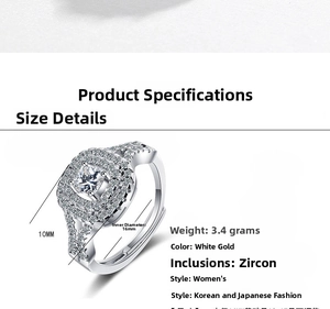 Detailed size parameters for the 10mm wide silver ring with cubic zirconia