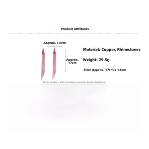 Detail view of long pink tassel earrings with dimensions and copper zircon material specs