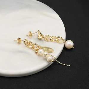Elegant baroque pearl tassel earrings with gold chains and handmade oval engraving metal tags