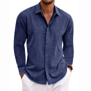Detail of navy blue linen shirt showing the breathable fabric texture and classic collar design