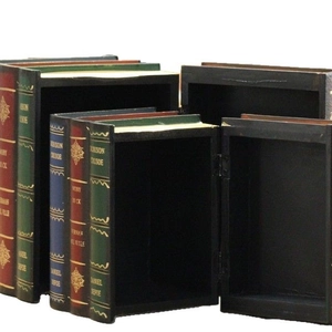 European vintage faux book storage boxes in various sizes with wood texture and leather finish