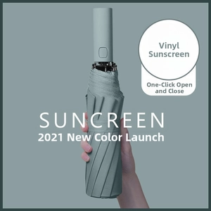 Detail view of mint green automatic umbrella handle with auto open and close button