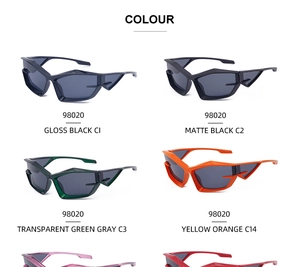 Detailed color options for Y2K futuristic wrap-around sunglasses in assorted bold frames