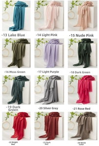 Detailed grid showing 12 vibrant colors of lightweight linen scarves with frayed edges