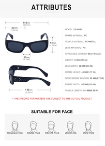 Detailed technical specifications and sizing diagram for small square frame sunglasses