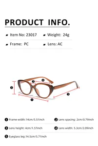 Size chart with detailed measurements for cat eye sunglasses including frame width and weight