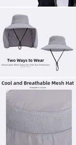 Detail view of grey sun hat with breathable mesh and detachable neck protection flap