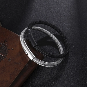 Handwoven leather rope bracelets with magnetic clasps for couples in black and silver