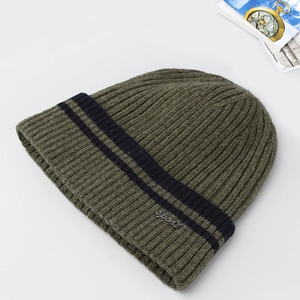 Detail of dark olive green knit beanie with black stripes and sport metal tag