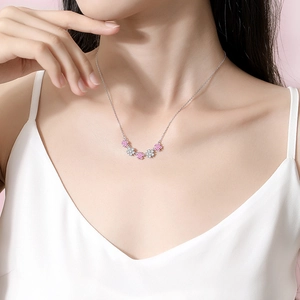 S925 sterling silver smiling flower necklace with pink and diamond pendants for women