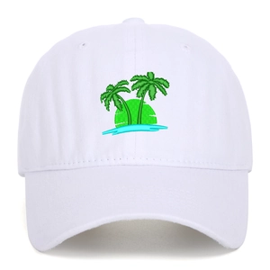 Close-up of coconut tree embroidery detail on a white cotton twill baseball cap