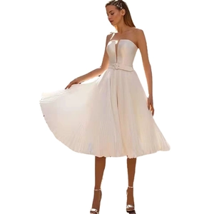 Elegant white strapless satin midi dress with pleated skirt and square buckle waist belt