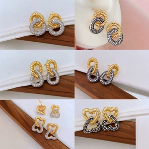 Women Copper Gold Plated Double Layer Cross Earrings With Zirconia Inlaid Geometric Twisted Rope Jewelry For Party Gift