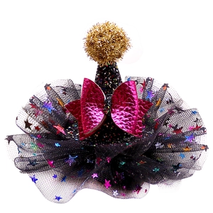 Miniature black and gold pet party hat with sequined mesh and a pink bow decoration