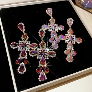 Retro Baroque Cross Pendant Earrings Alloy Colorful Rhinestone With 925 Sterling Silver Earring Post Statement Women