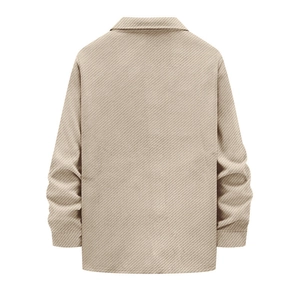 Back view of a men's light beige corduroy jacket with classic collar and twill texture