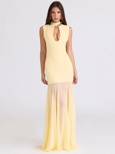 Pale yellow sleeveless bodycon dress with hollow neck design and pleated mesh skirt hem