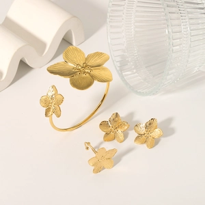 Vintage Stainless Steel Gold Flower Jewelry Set Waterproof Floral Open Bracelet Earrings Adjustable Ring For Women Jewelry